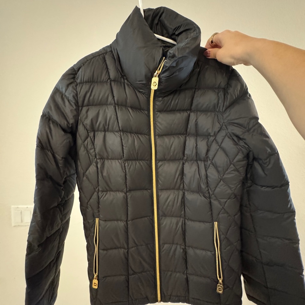 Michael Kors Black Puffer Jacket with Gold Accents